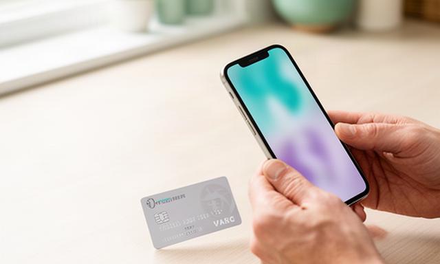 Persoon die een smartphone met een digitale bankapp naast een Belgische bankpas gebruikt aan een lichte keukentafel