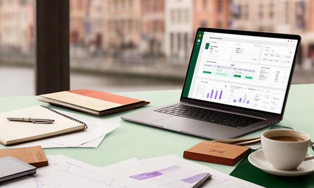 Redactietafel in Brugge met laptop, financiële grafieken en notities over Belgische fintech
