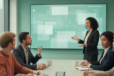 Bankmedewerkers bespreken een dashboard over AI-governance in een vergaderruimte