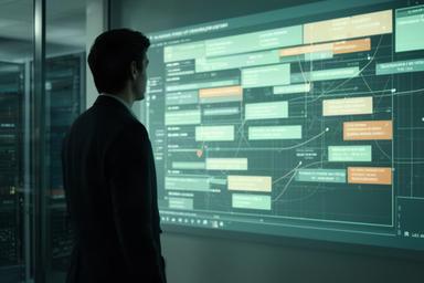 Cybersecurityspecialist controleert een leveranciersmatrix op een groot scherm