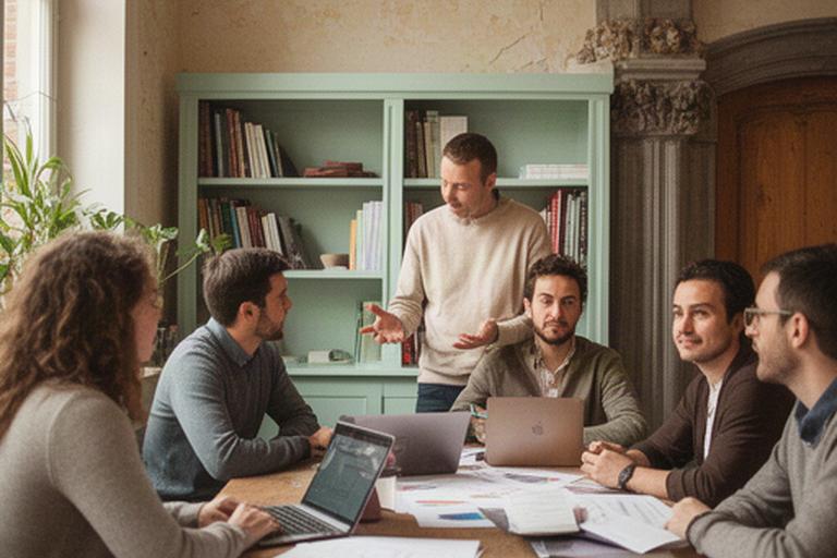 Klein redactieteam werkt samen in een karaktervolle ruimte in Brugge