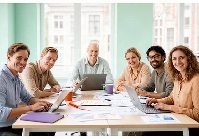 Redactieteam van A+ FinTech Market aan een werktafel in een helder kantoor in Brugge